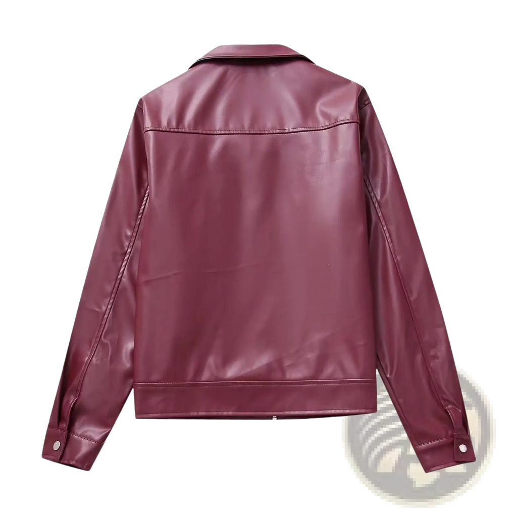 Maroon faux leather biker jacket for women with a sleek glossy finish classic collar and clean stitching