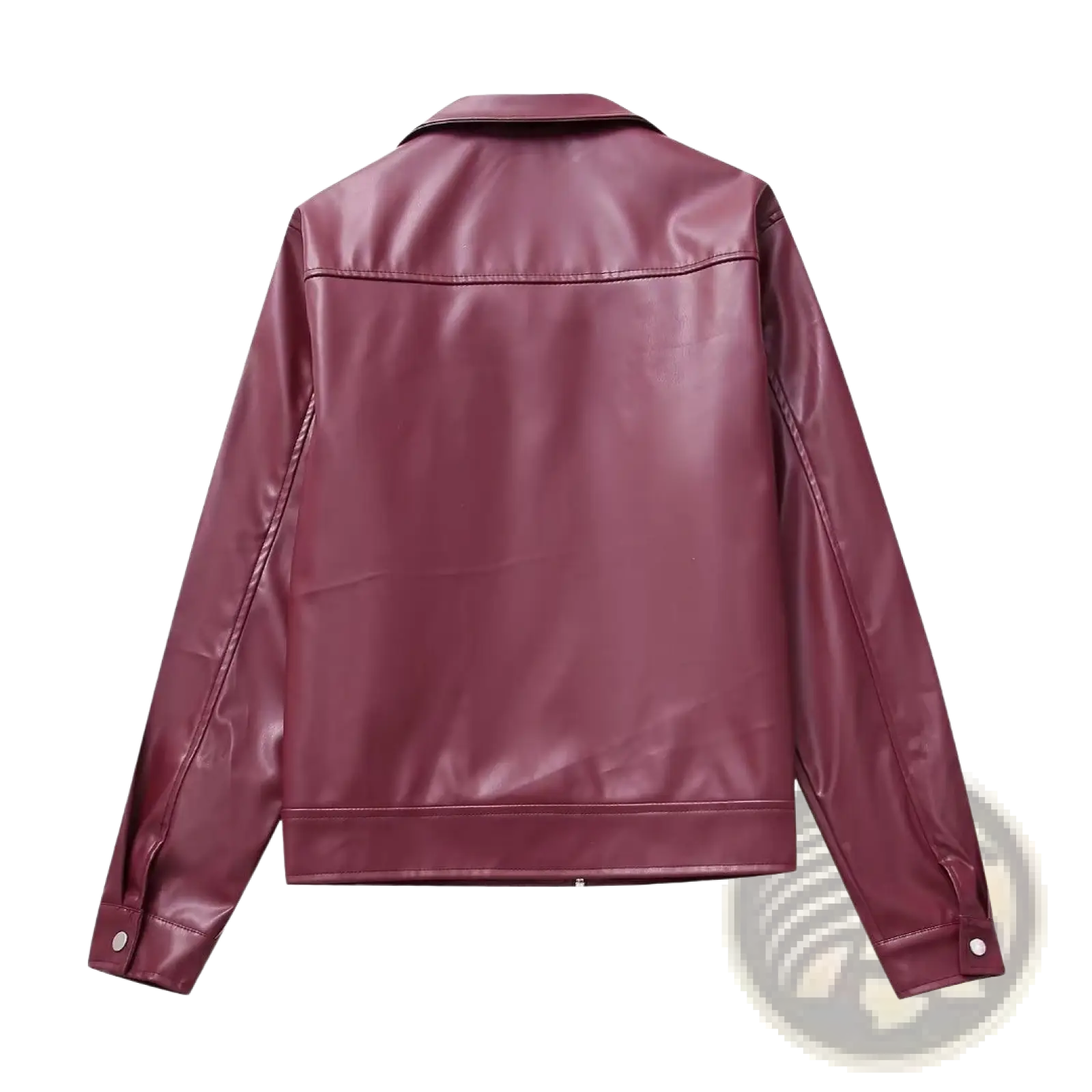 Maroon faux leather biker jacket for women with a sleek glossy finish classic collar and clean stitching