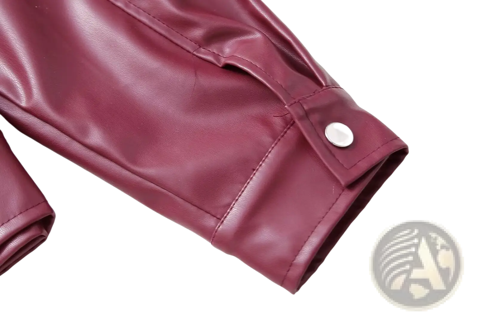 Maroon faux leather biker jacket sleeve for women featuring a silver button closure detail