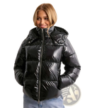 Black glossy hooded puffer jacket with quilted design featured in the maroon glossy hooded puffer jacket product line