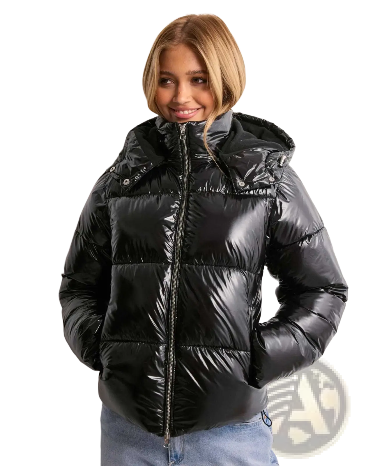 Black glossy hooded puffer jacket with quilted design featured in the maroon glossy hooded puffer jacket product line