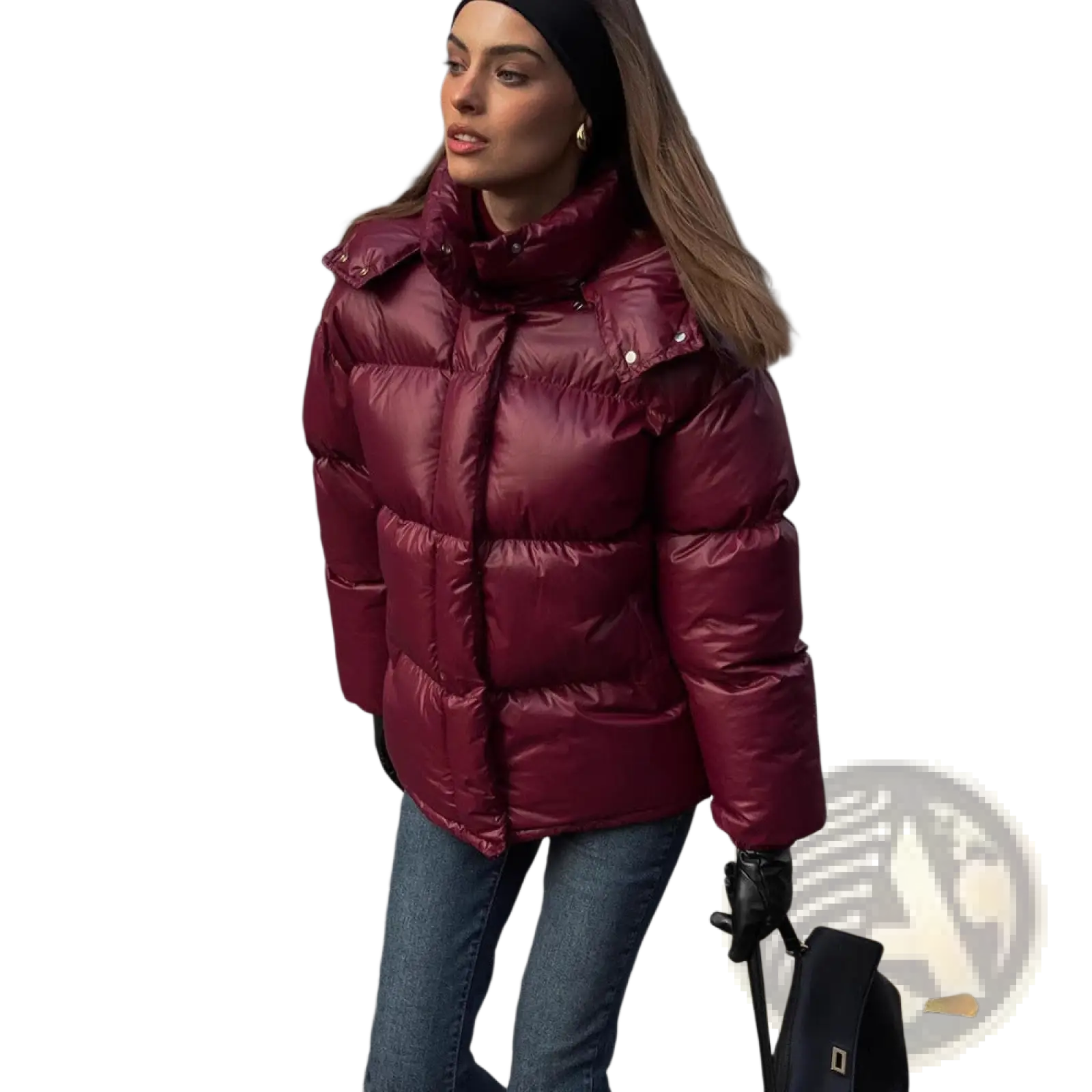 A glossy burgundy maroon puffer jacket with quilted design and high collar for warmth and style