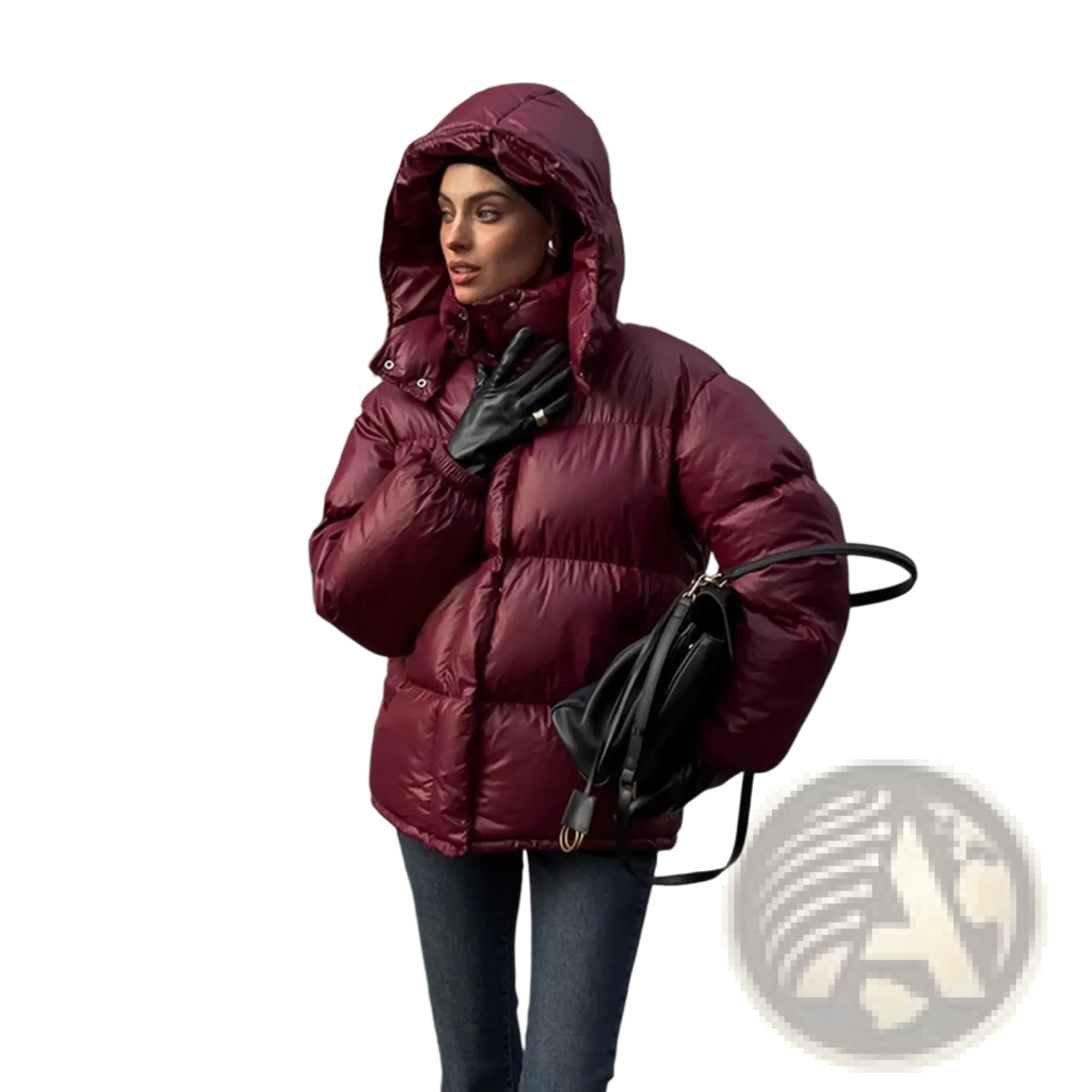 A maroon glossy hooded puffer jacket featuring a shiny nylon finish and quilted design