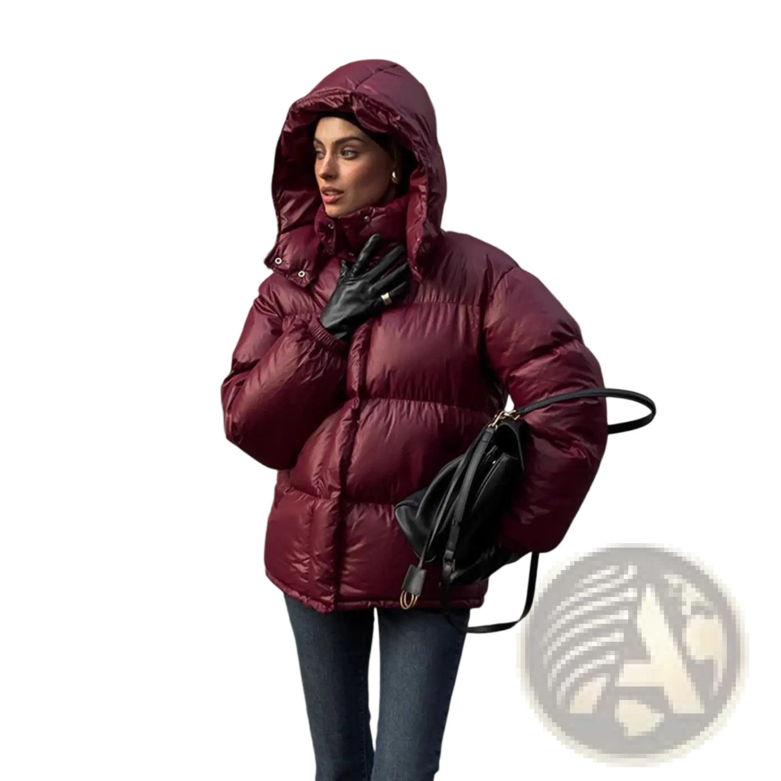 A maroon glossy hooded puffer jacket featuring a shiny nylon finish and quilted design