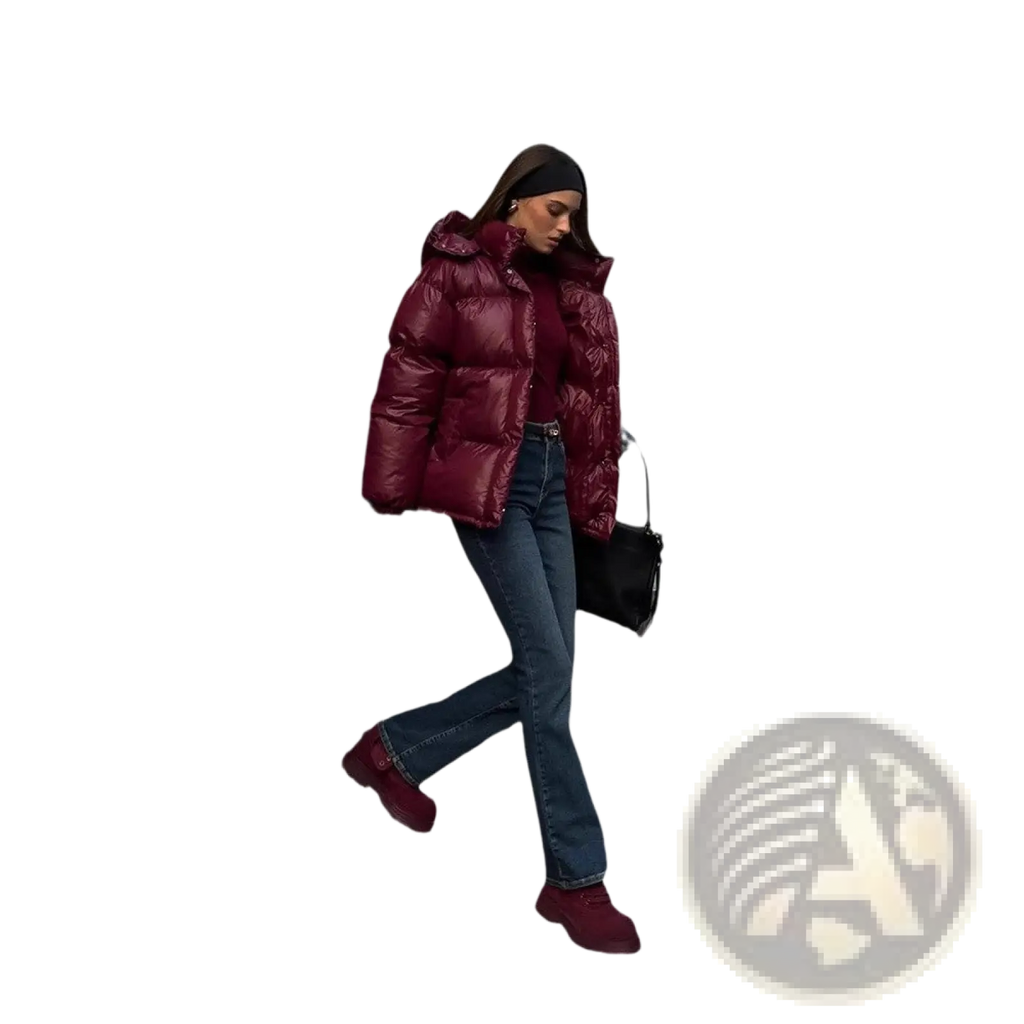 A glossy maroon hooded puffer jacket with a quilted design perfect for cold weather wear