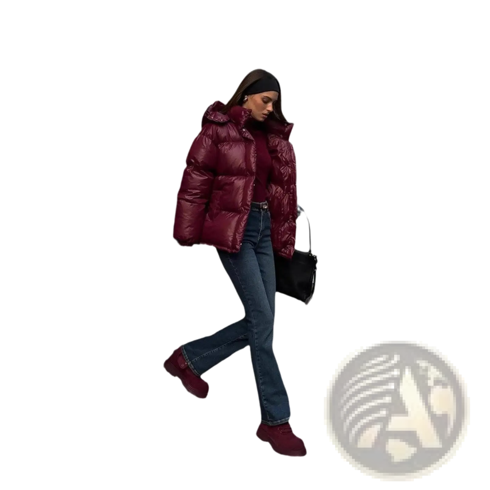 A glossy maroon hooded puffer jacket with a quilted design perfect for cold weather wear