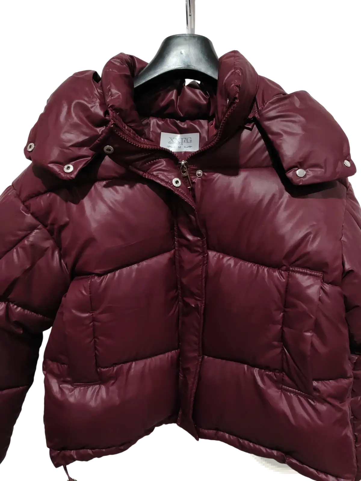 Maroon glossy hooded puffer jacket with quilted design and silver-toned snap buttons on the hood
