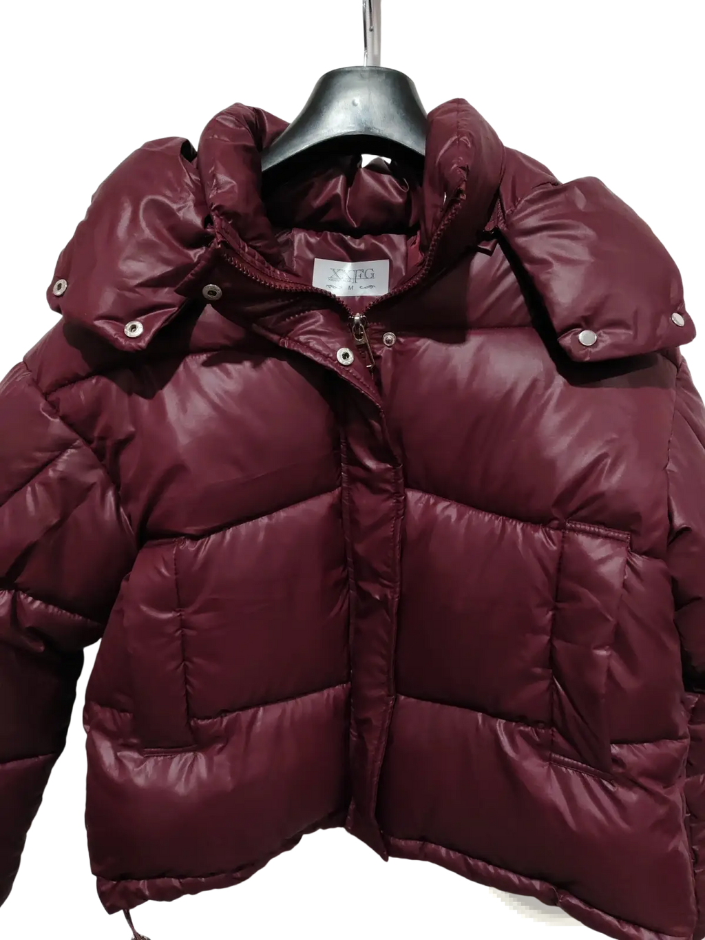 Maroon glossy hooded puffer jacket with quilted design and silver-toned snap buttons on the hood