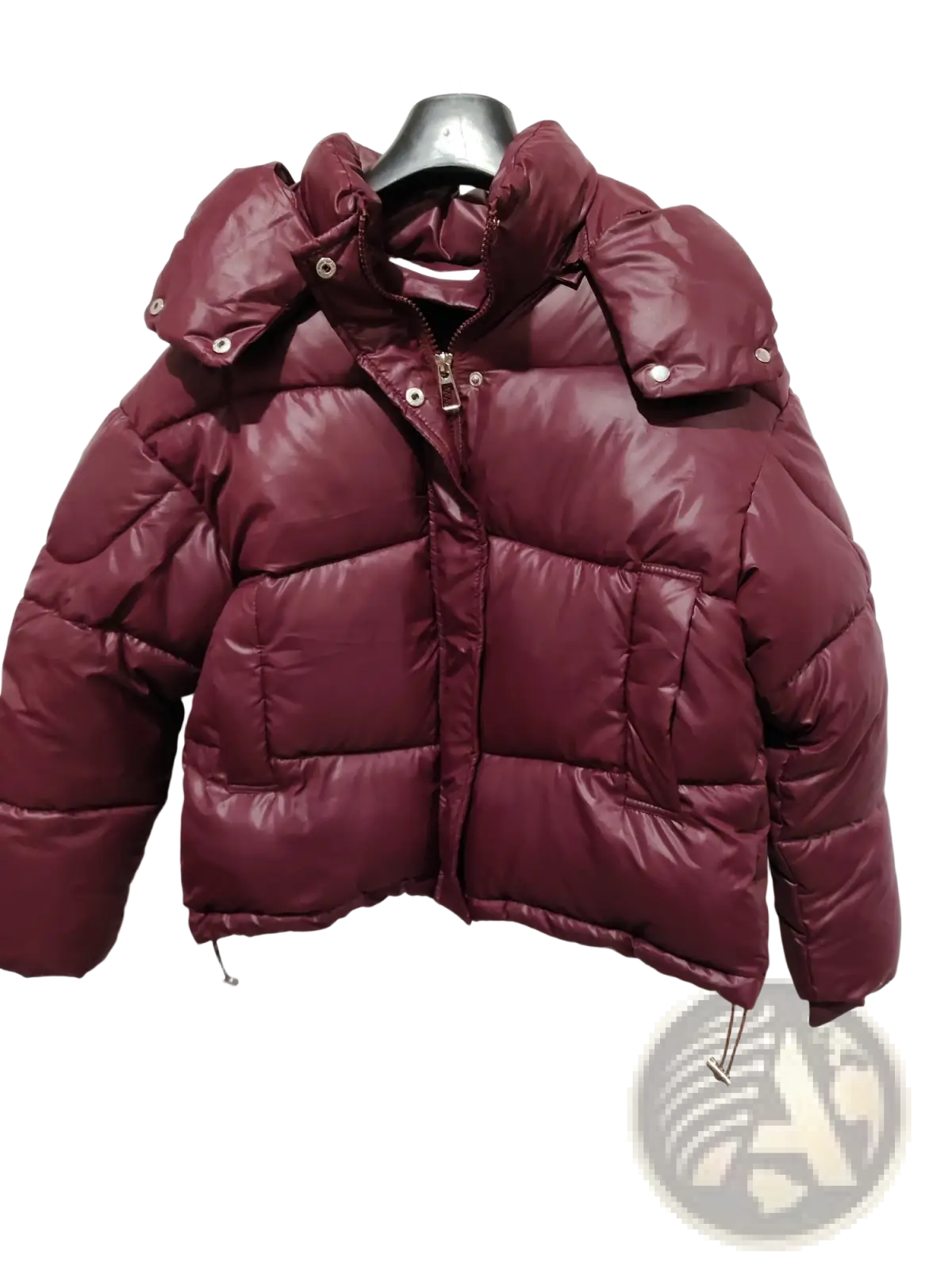 A shiny maroon glossy hooded puffer jacket with quilted design and silver-toned snap buttons on the hood
