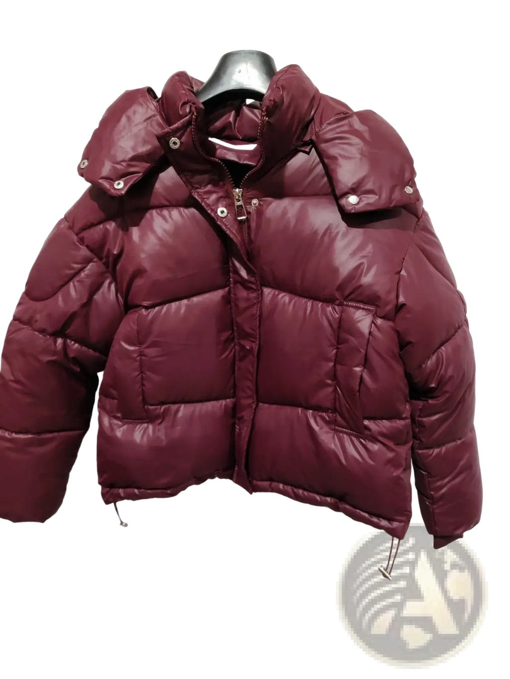 A shiny maroon glossy hooded puffer jacket with quilted design and silver-toned snap buttons on the hood