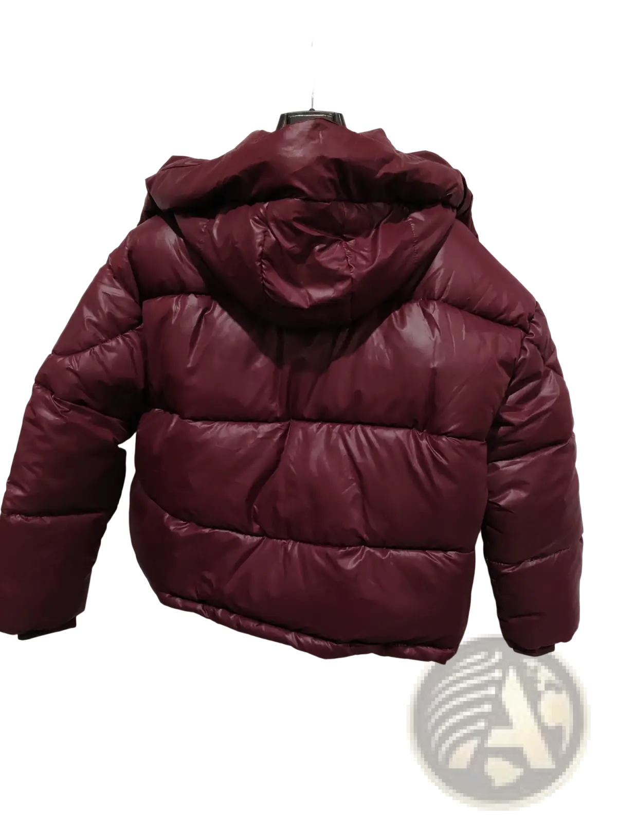 A maroon glossy hooded puffer jacket with a shiny quilted design, ideal for cold weather