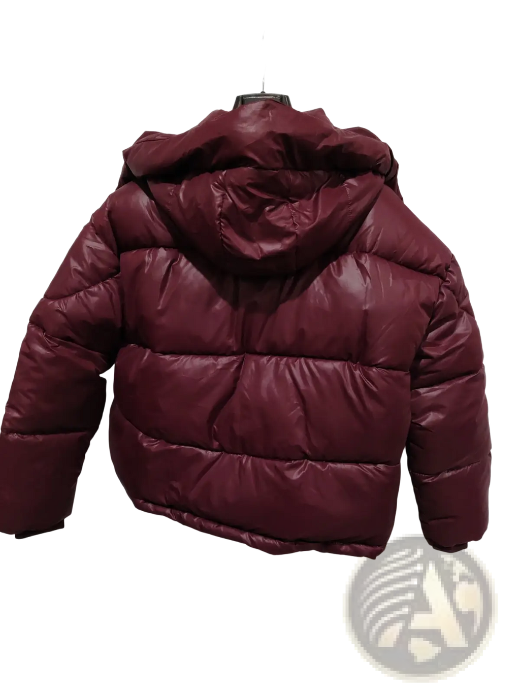 A maroon glossy hooded puffer jacket with a shiny quilted design, ideal for cold weather