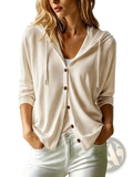 Maroon hooded button cardigan featuring a beige hooded cardigan with brown buttons and drawstrings detail