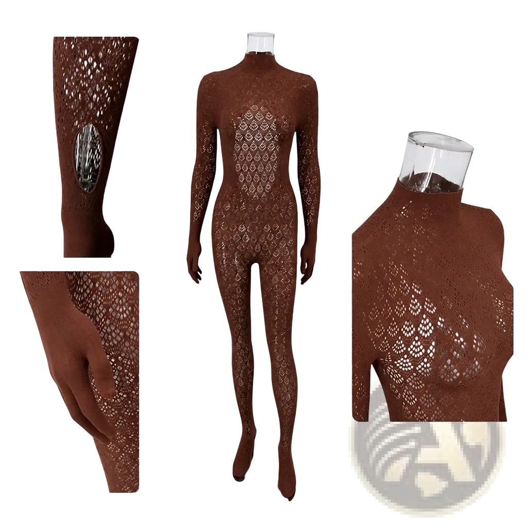 Brown lace bodysuit featuring intricate diamond-patterned mesh design paired with maroon knit jumpsuit striped romper