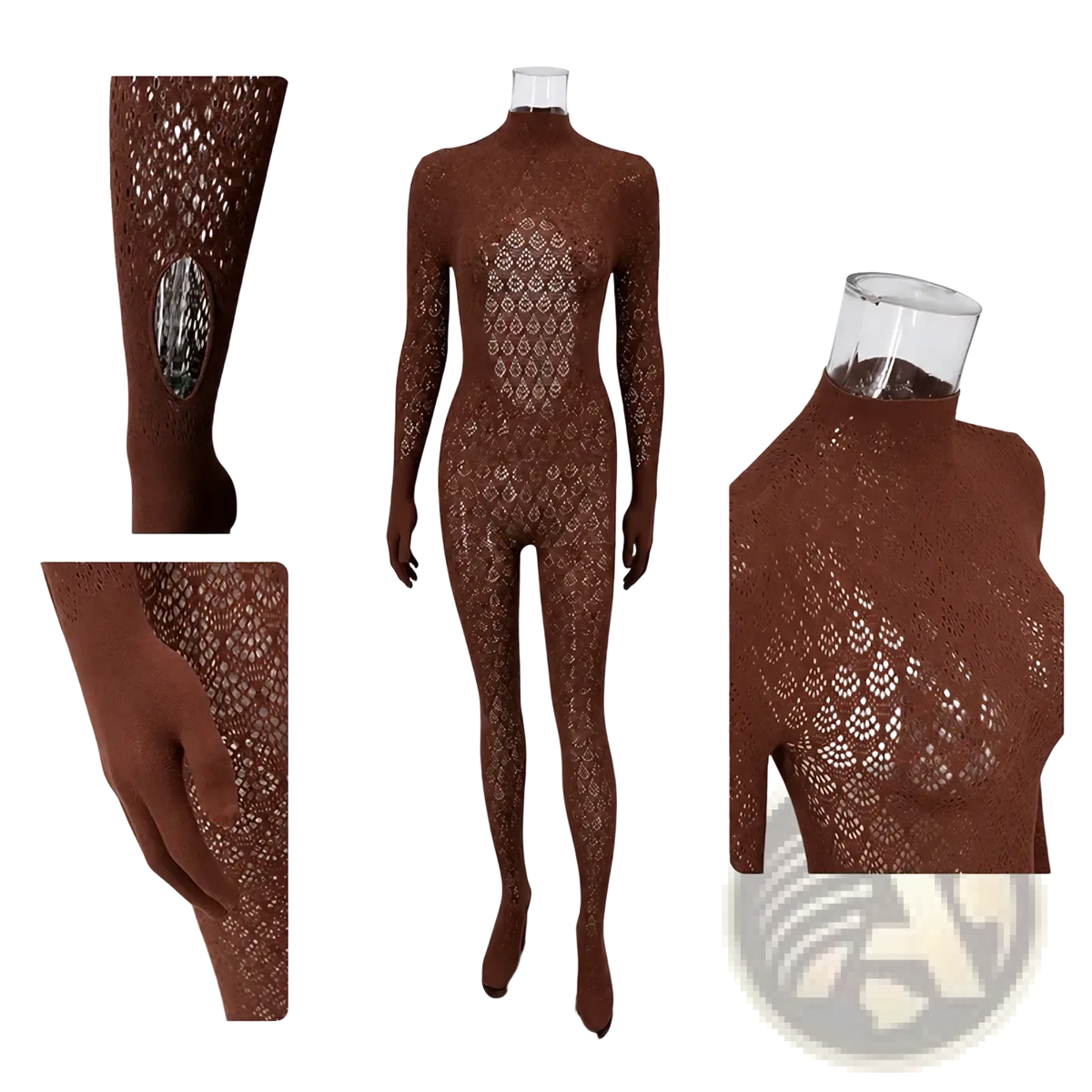 Brown lace bodysuit featuring intricate diamond-patterned mesh design paired with maroon knit jumpsuit striped romper