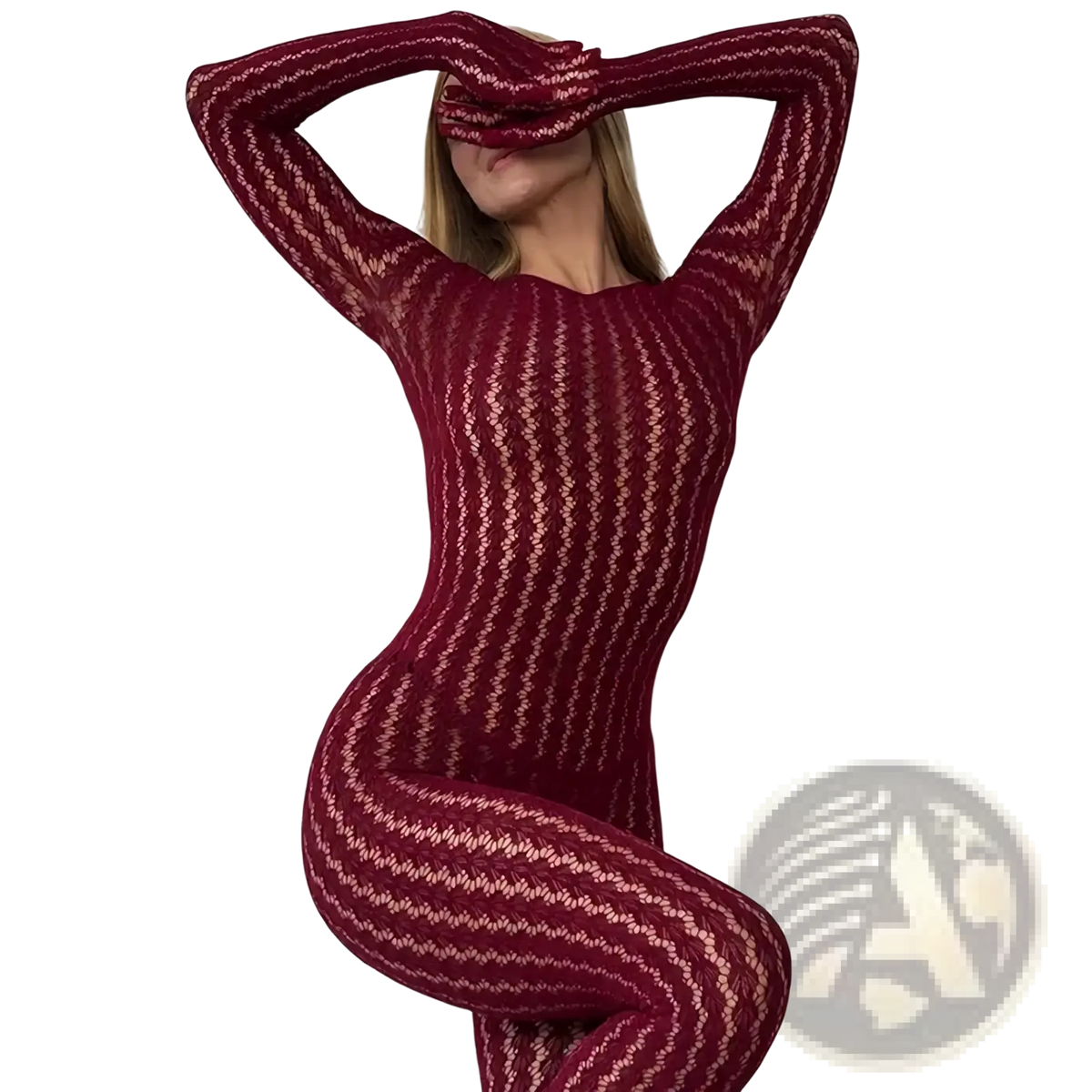 Maroon knit jumpsuit striped romper featuring a form-fitting maroon and light pink striped knit bodysuit with long sleeves