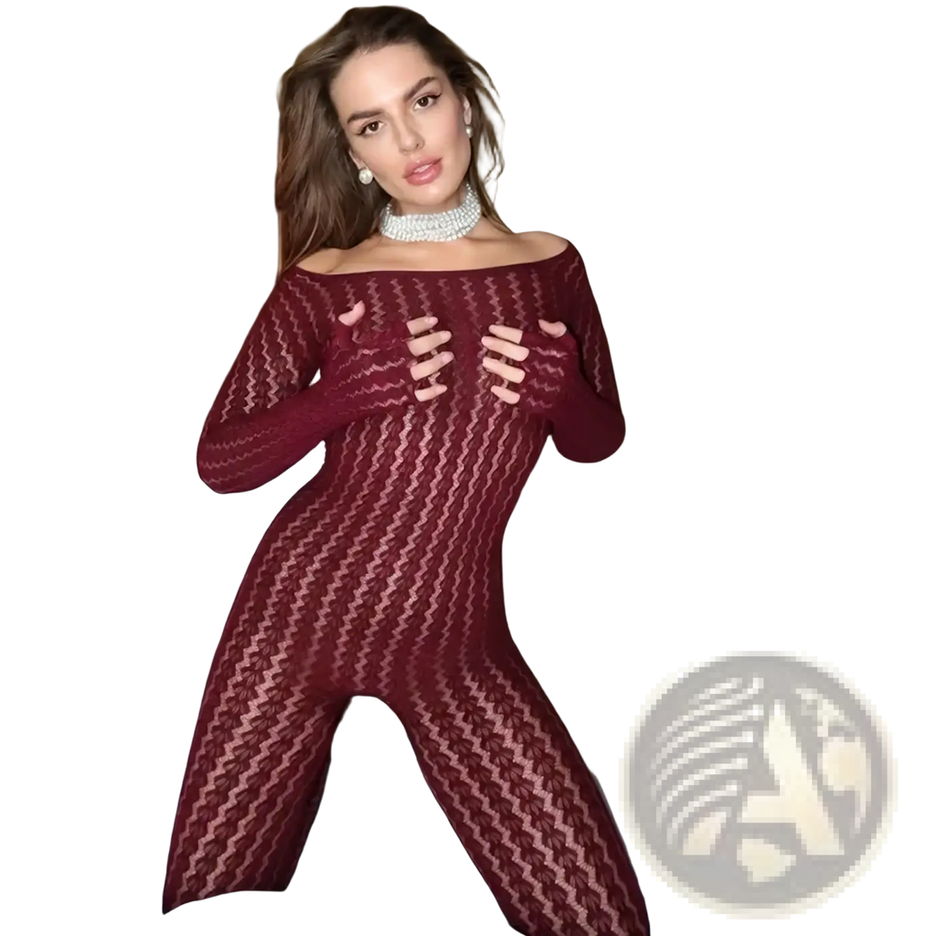 A maroon knit jumpsuit with long sleeves, zigzag pattern, and an off-the-shoulder neckline striped romper