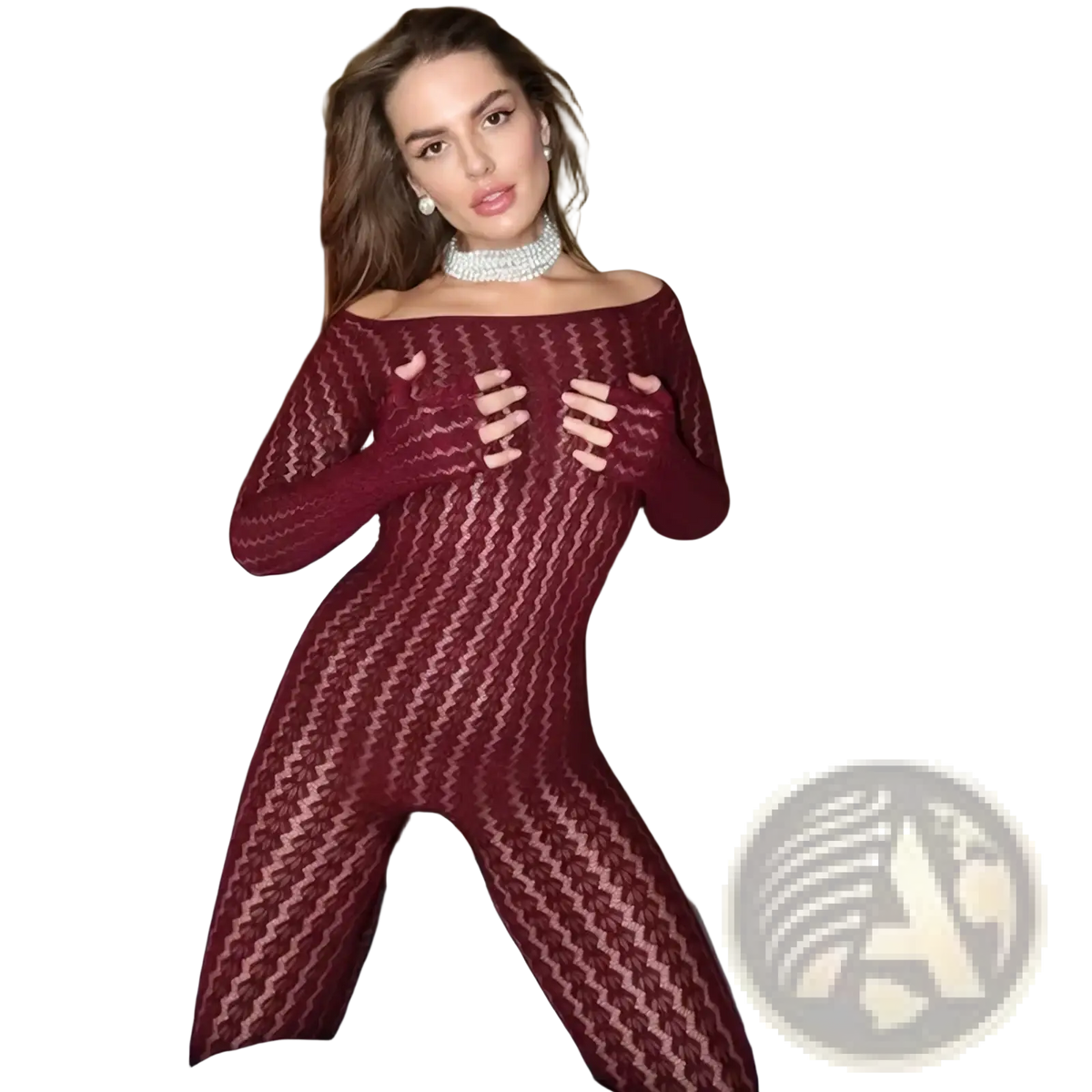 A maroon knit jumpsuit with long sleeves, zigzag pattern, and an off-the-shoulder neckline striped romper