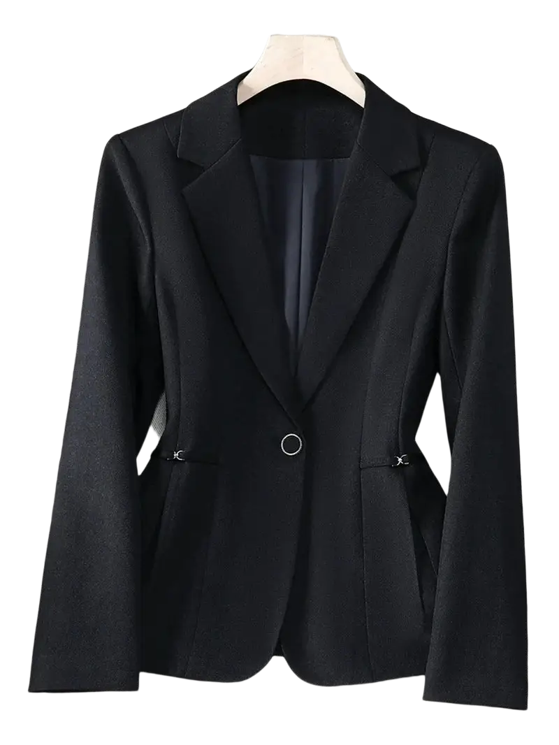 Maroon single button slim work blazer in black with sleek tailored fit and subtle side detailing