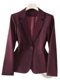A sleek maroon single button slim work blazer with a satin-like finish and subtle sheen