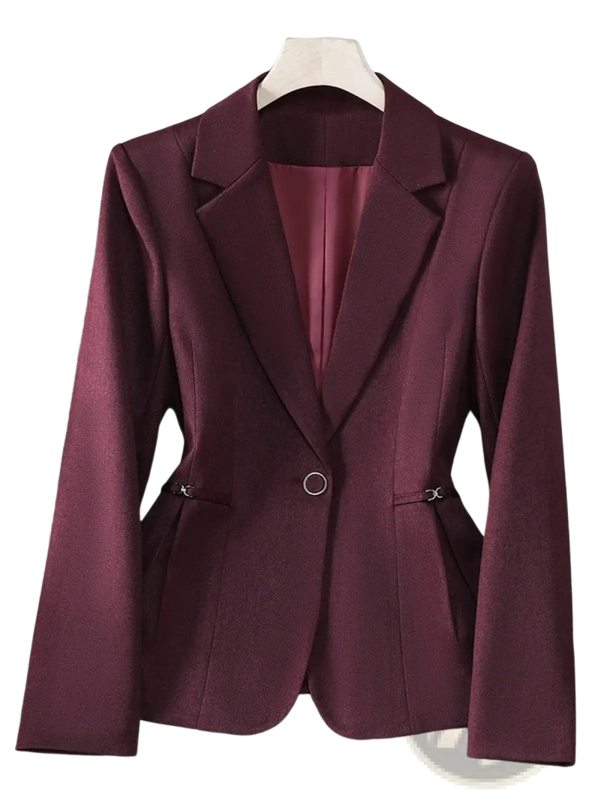 A sleek maroon single button slim work blazer with a satin-like finish and subtle sheen