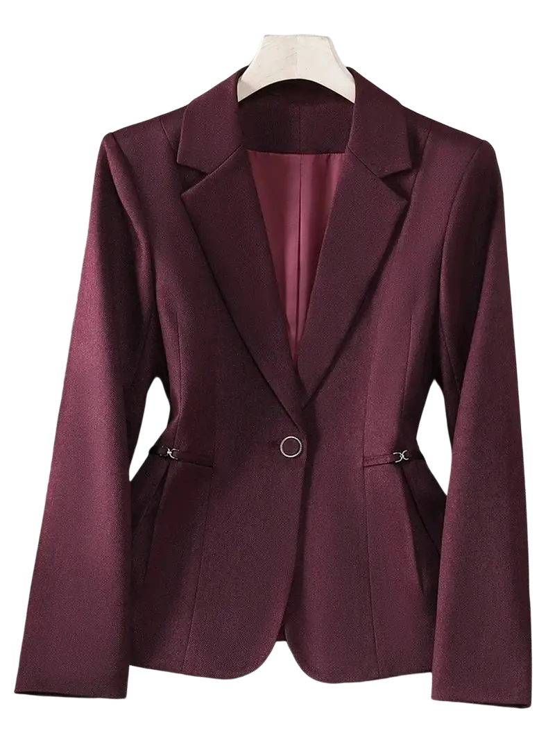 A sleek maroon single button slim work blazer with a satin-like finish and subtle sheen