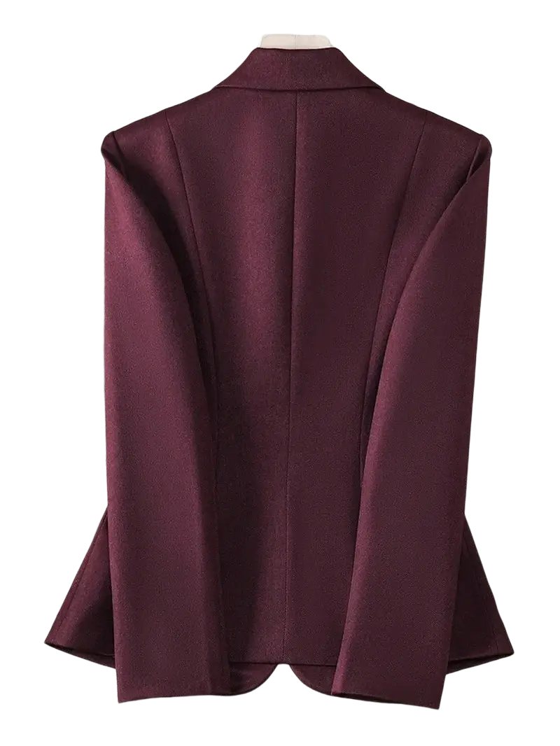 A maroon single button slim work blazer with a smooth satin finish and structured shoulders