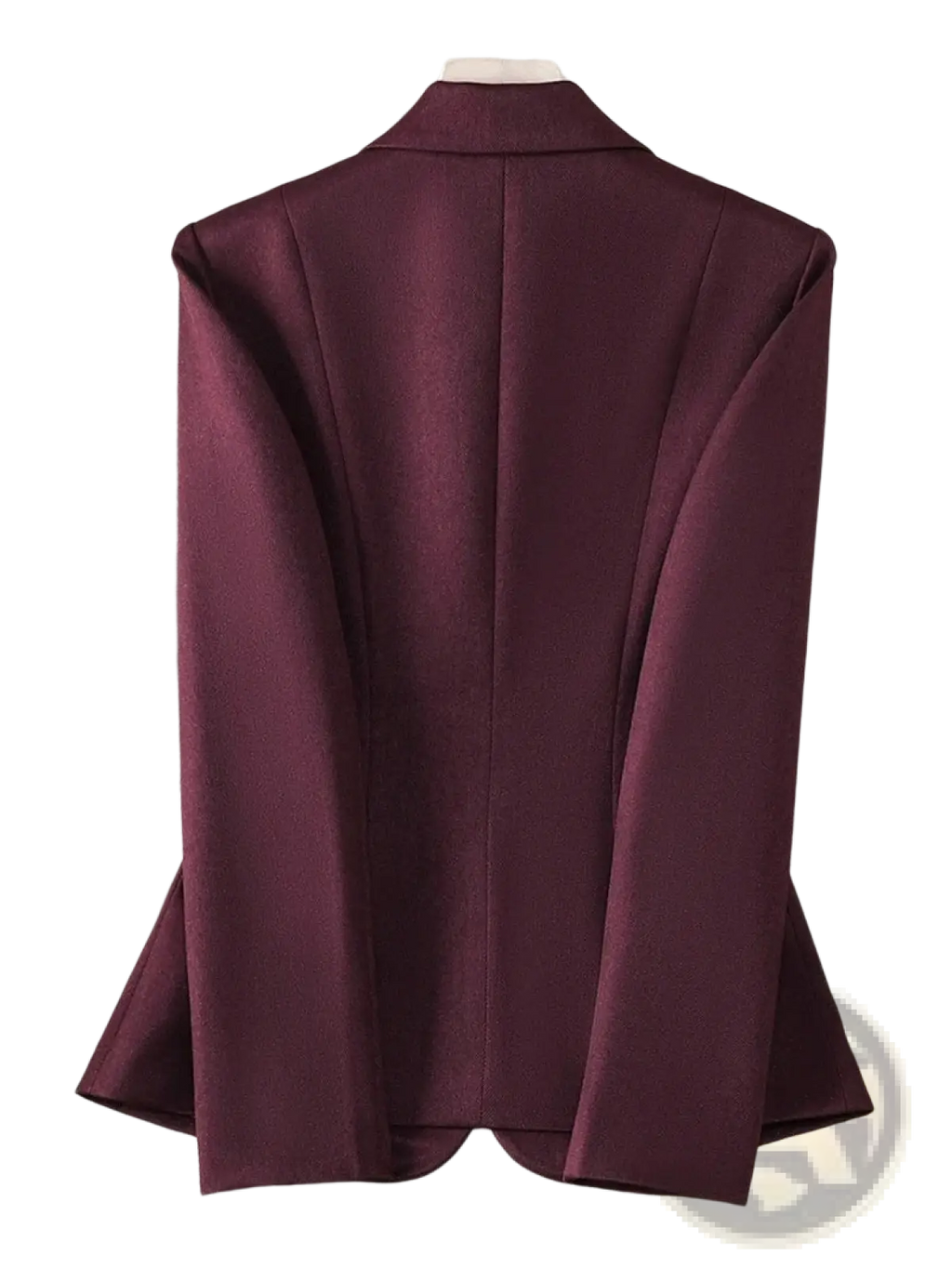 A maroon single button slim work blazer with a smooth satin finish and structured shoulders