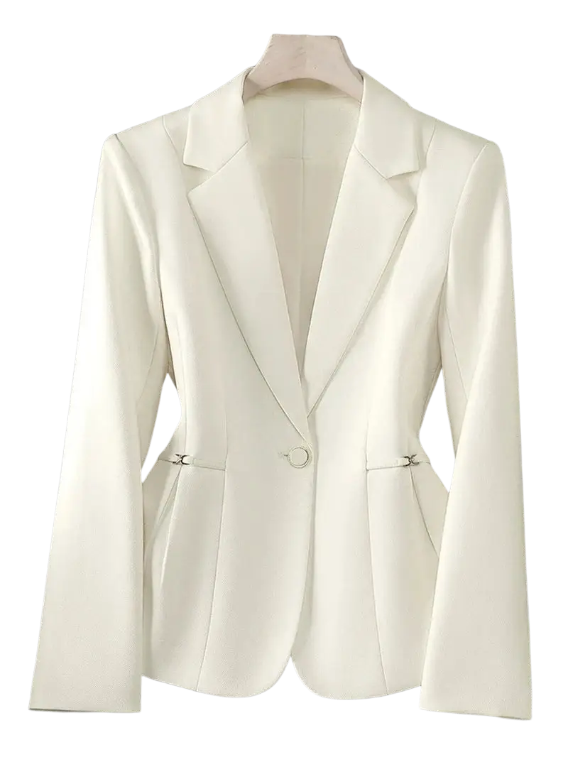 Maroon single button slim work blazer in off-white with tailored fit and silver-toned hardware accents on pockets
