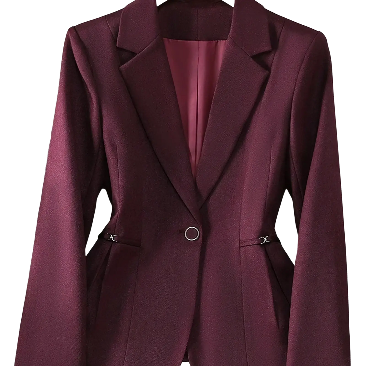 A tailored maroon single button slim work blazer with a sleek structured design and subtle sheen