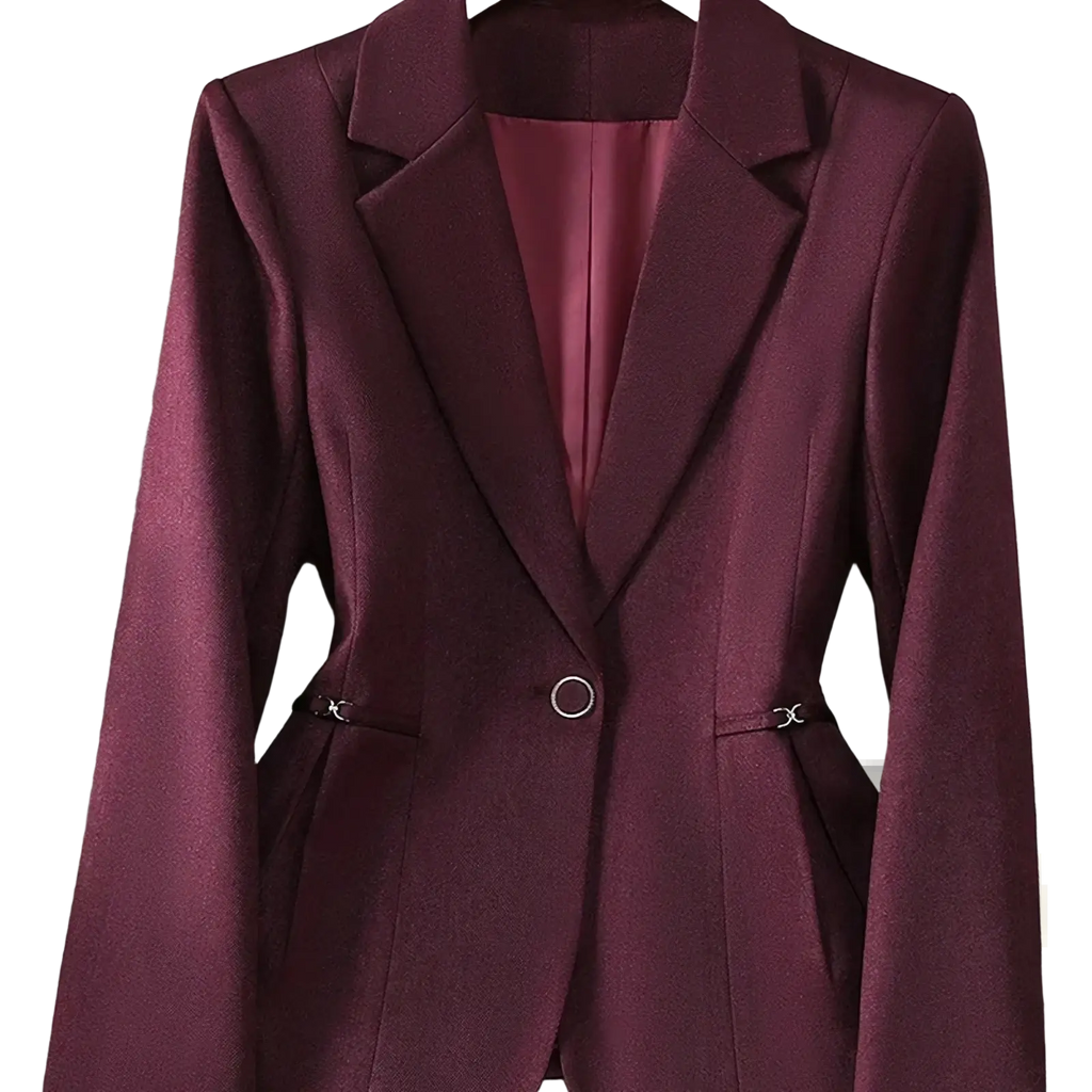 A tailored maroon single button slim work blazer with a sleek structured design and subtle sheen