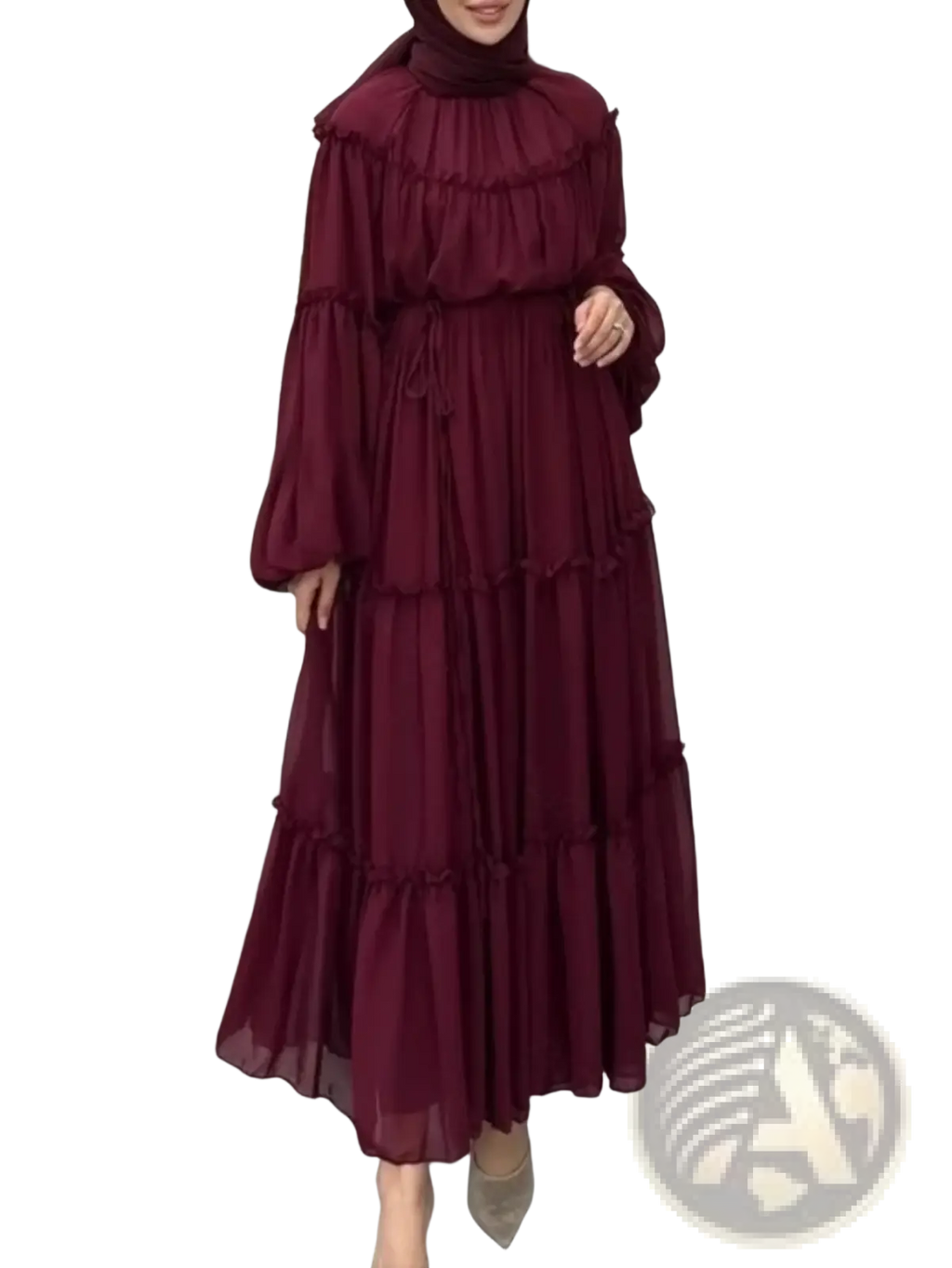 A flowing maroon tiered abaya Eid maxi dress with long sleeves high neckline made of lightweight sheer fabric
