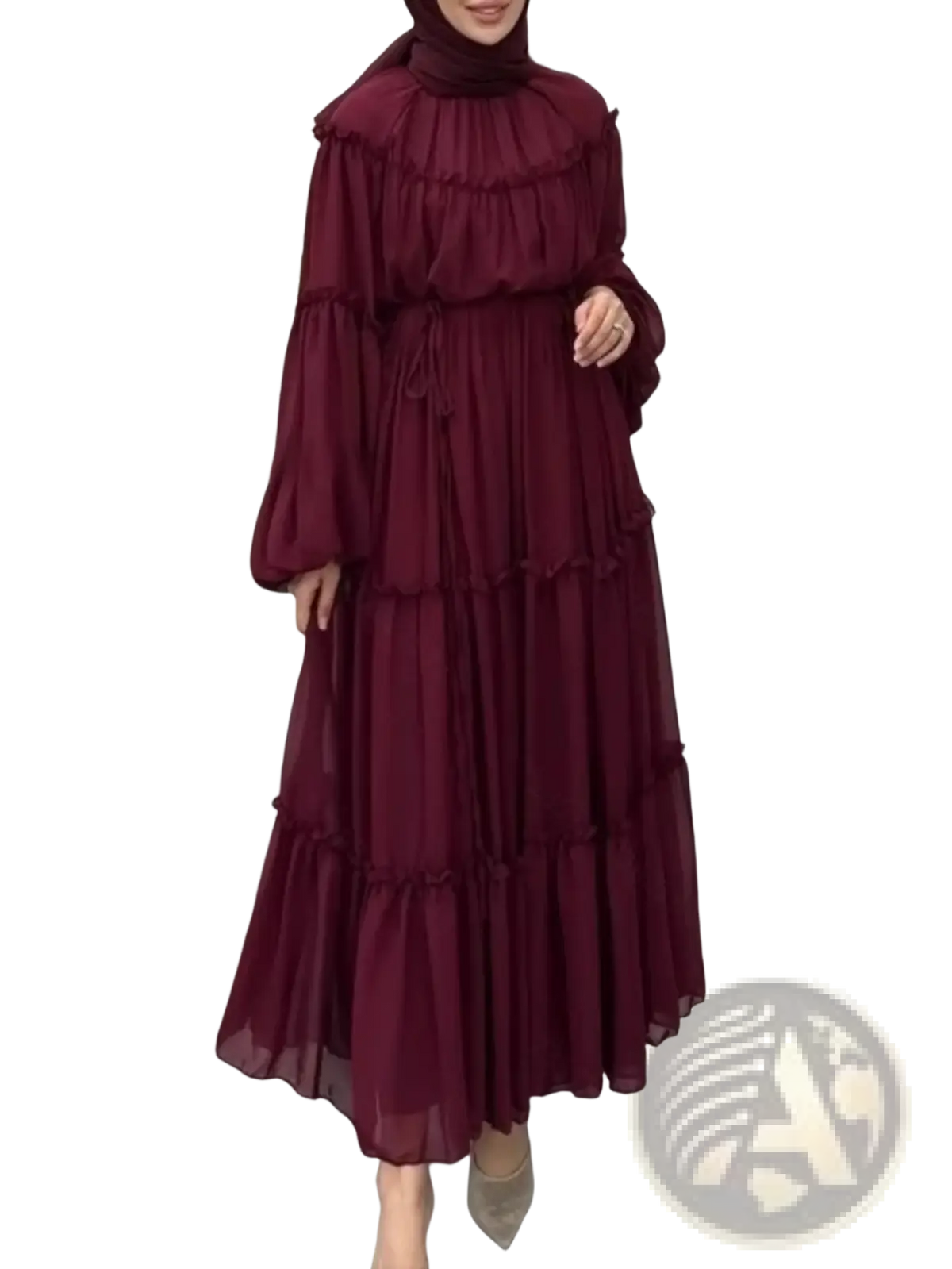 A flowing maroon tiered abaya Eid maxi dress with long sleeves high neckline made of lightweight sheer fabric