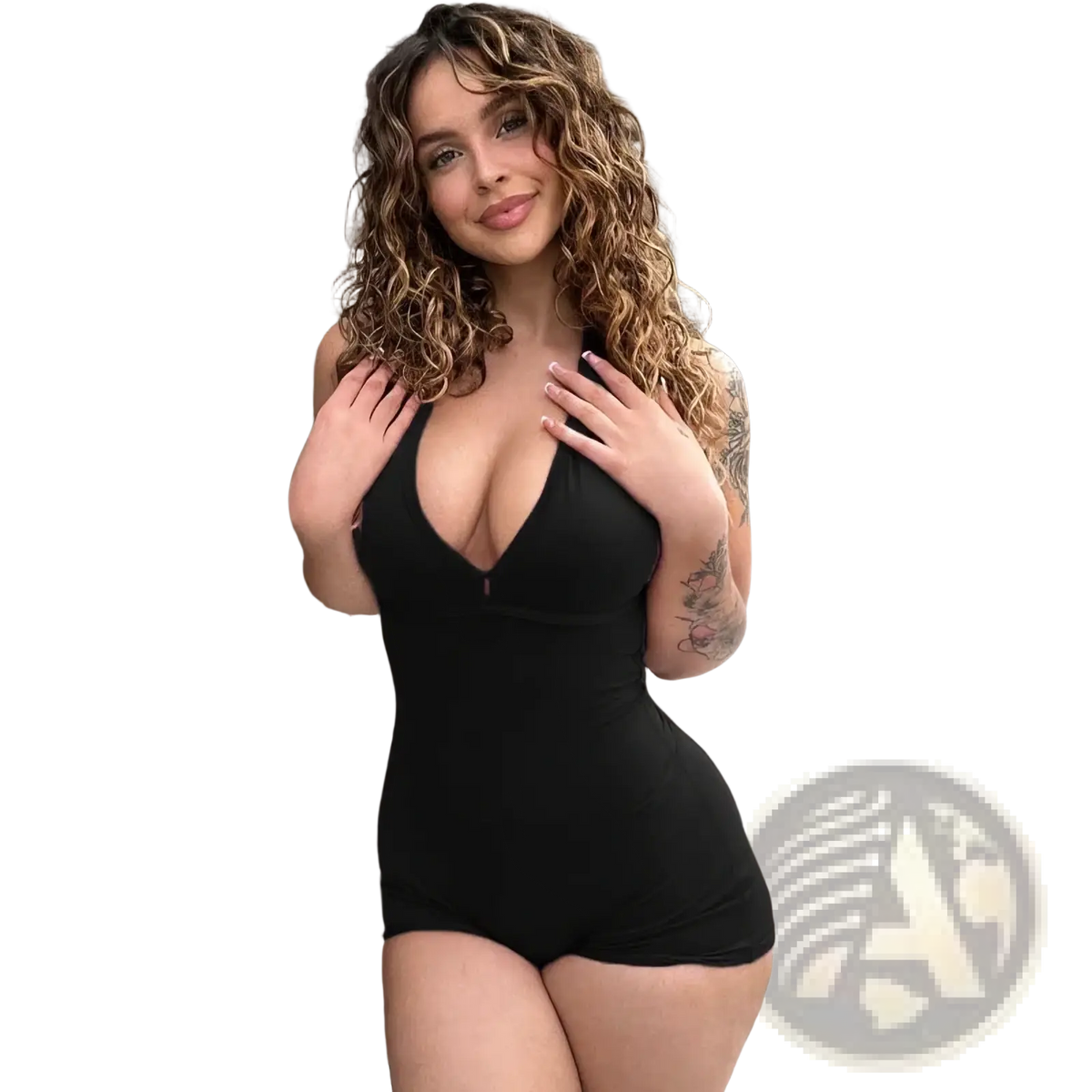 Black one-piece swimsuit with deep v-neckline and fitted design inspired by maroon v-neck slim romper playsuit