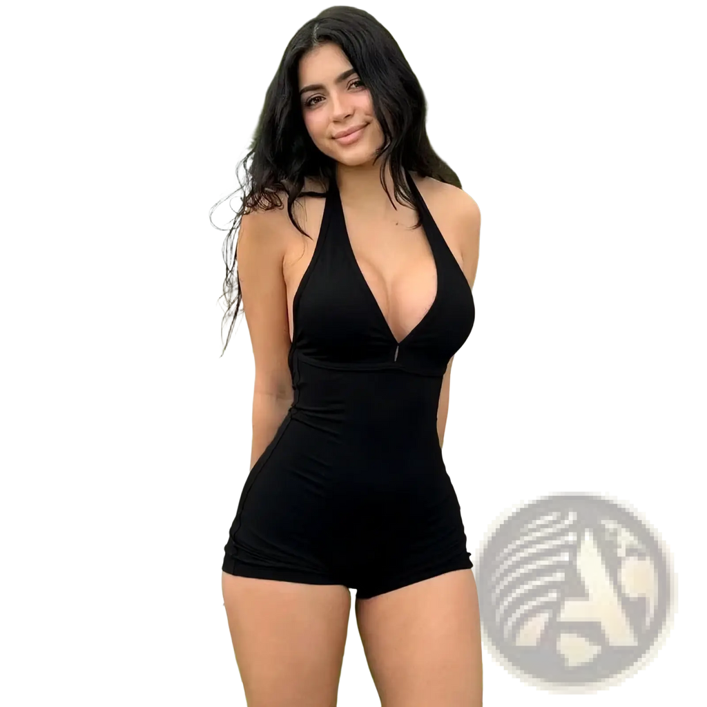Black halter-neck one-piece swimsuit with deep v-cut neckline and fitted silhouette for stylish swimwear use