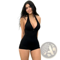 Black halter-neck one-piece swimsuit with deep v-cut neckline and fitted silhouette for stylish swimwear use