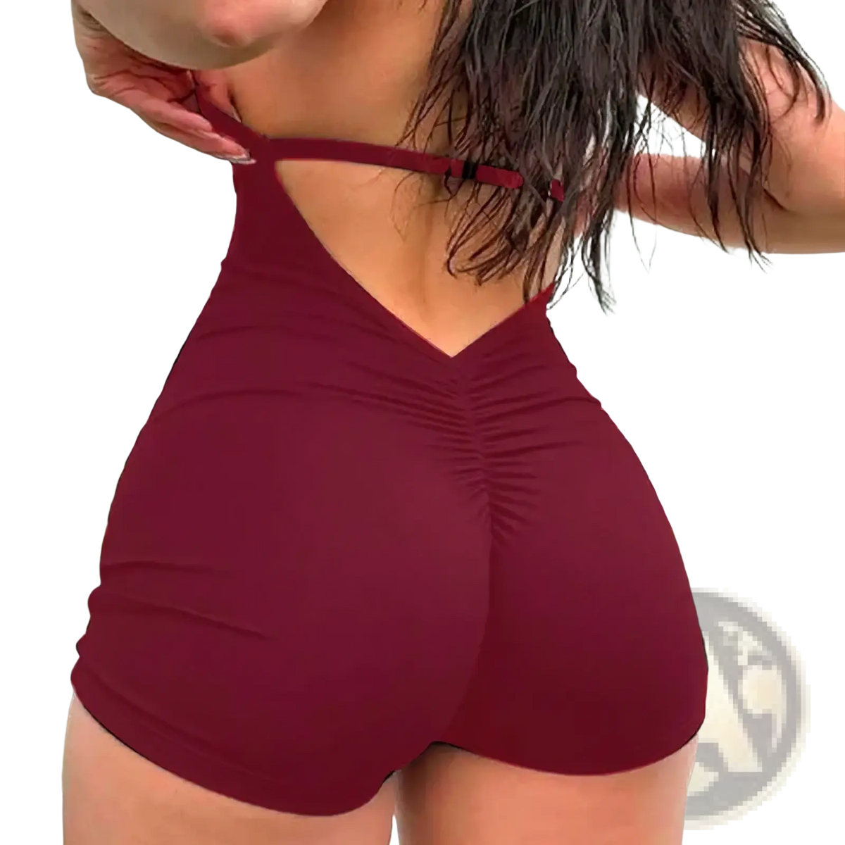 Maroon v neck slim romper playsuit showing back with ruched detail and thin shoulder straps in a one piece design