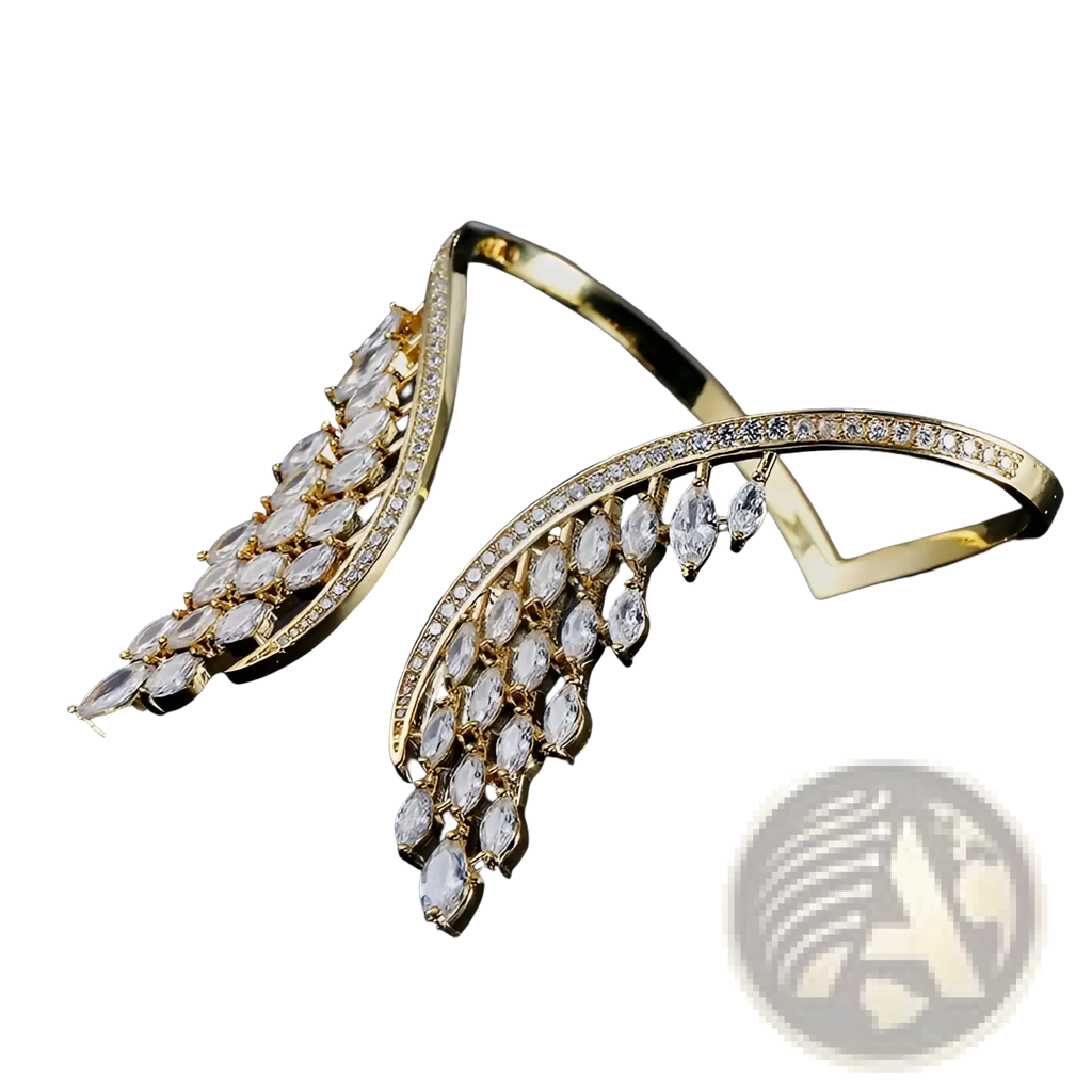 Gold-toned marquise crystal angel wing bangle bracelet with cascading clear crystals and diamond accents along edge