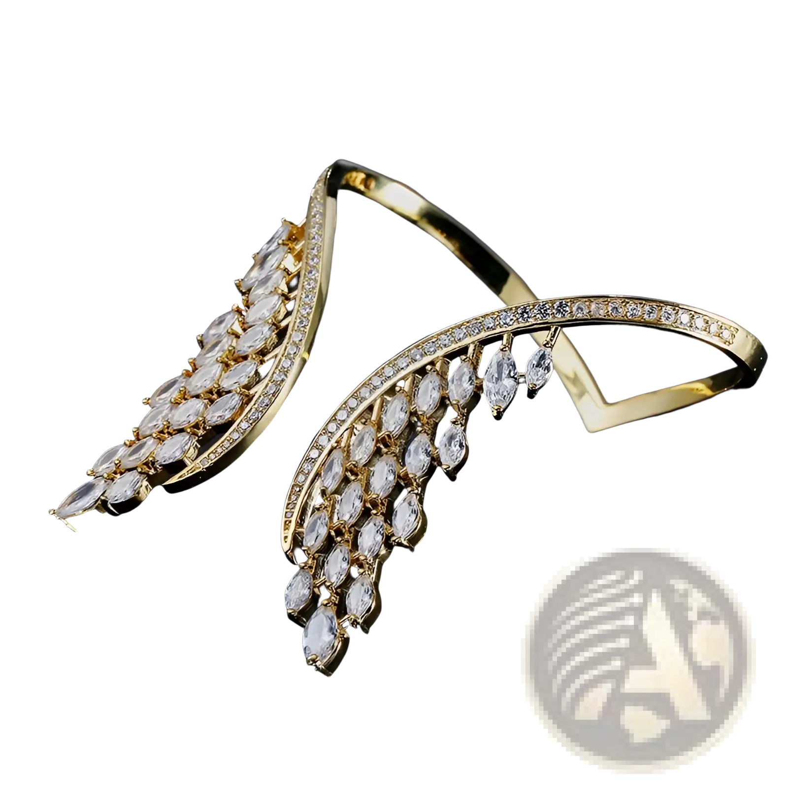 Gold-toned marquise crystal angel wing bangle bracelet with cascading clear crystals and diamond accents along edge