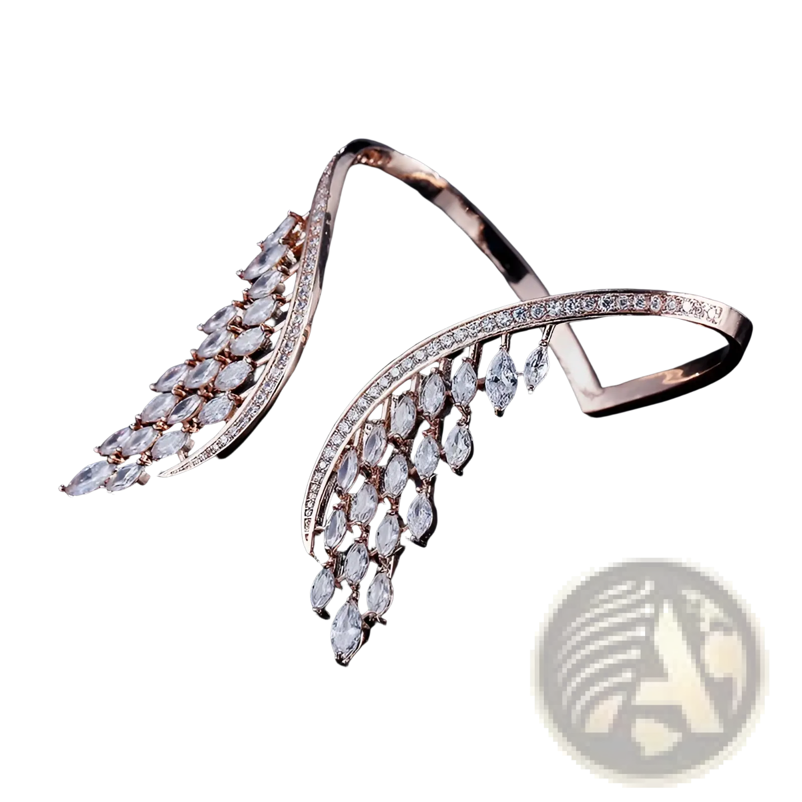 Rose gold marquise crystal angel wing bangle bracelet with cascading clear crystals and a row of smaller diamonds