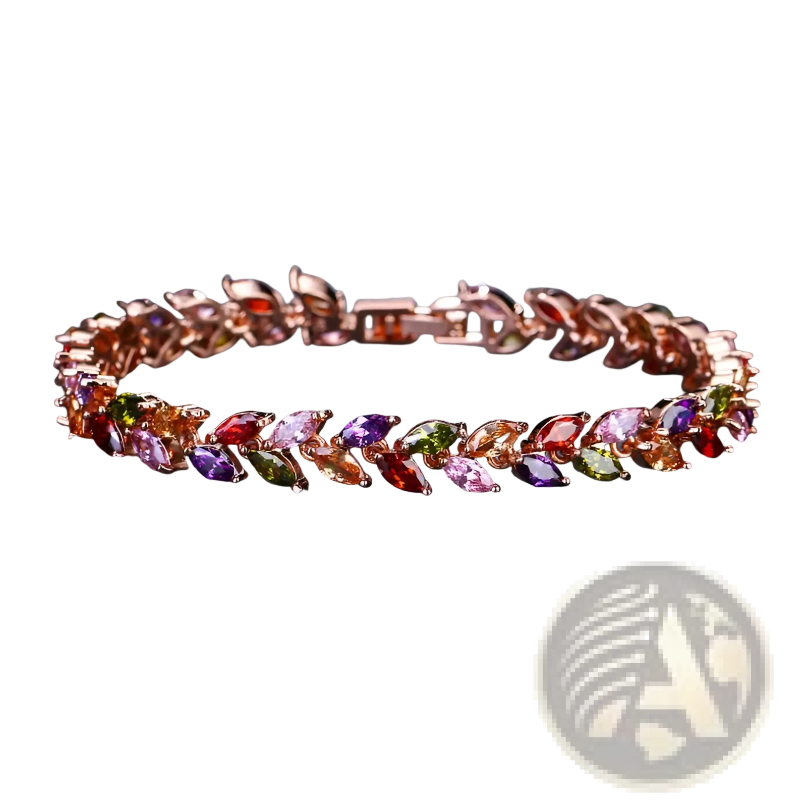 A rose gold tennis bracelet featuring marquise-cut multicolored gemstones in polished silver setting