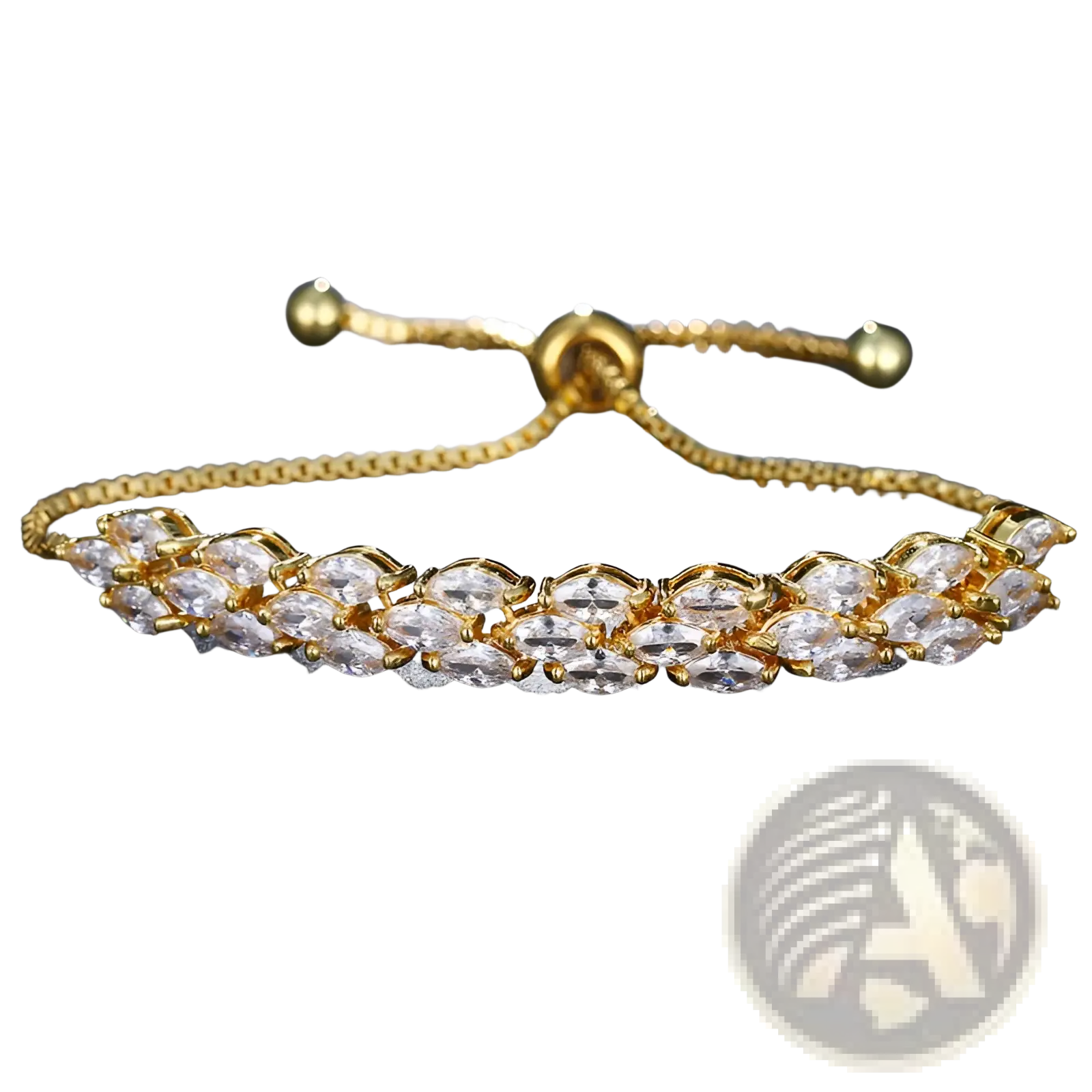 Gold-toned Marquise zircon leaf tennis bracelet with clear oval crystals and adjustable drawstring closure in polished silver