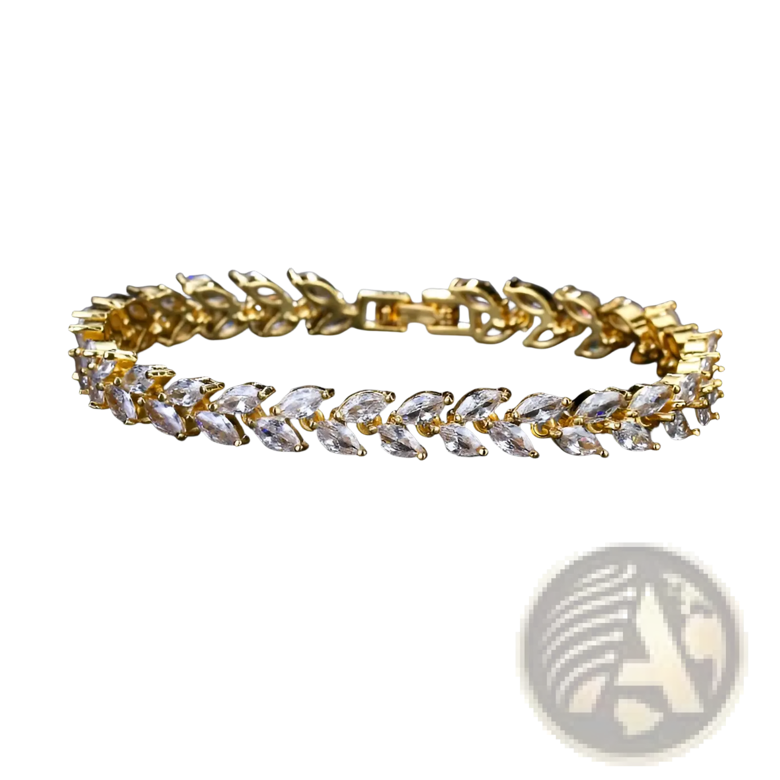 Gold-tone tennis bracelet with clear marquise-cut crystals in a sleek interlocking leaf design by polished silver