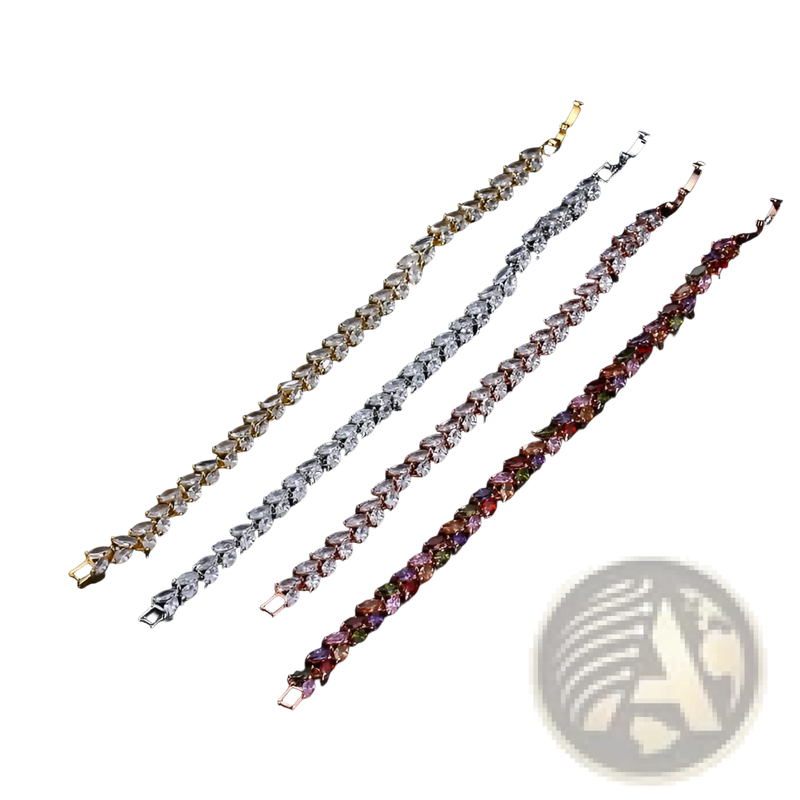 Three elegant marquise zircon leaf tennis bracelets in polished silver gold and multicolored crystal hues
