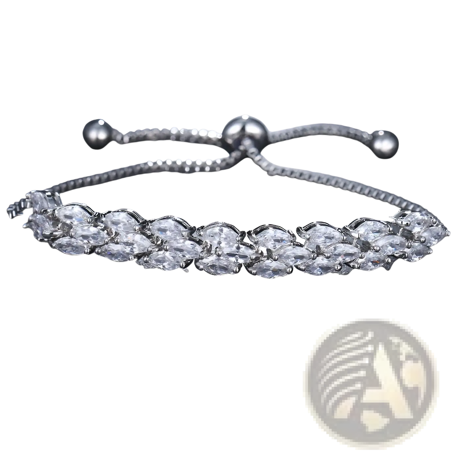 Silver-toned marquise zircon leaf tennis bracelet with oval-cut clear crystals and polished metal band with spherical ends