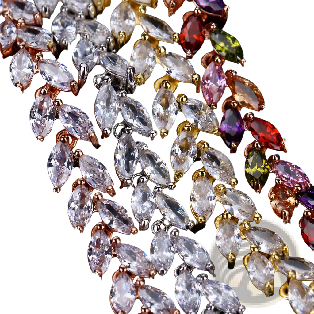 Marquise zircon leaf tennis bracelet in polished silver with colorful faceted gemstone beads and gold-toned leaf accents