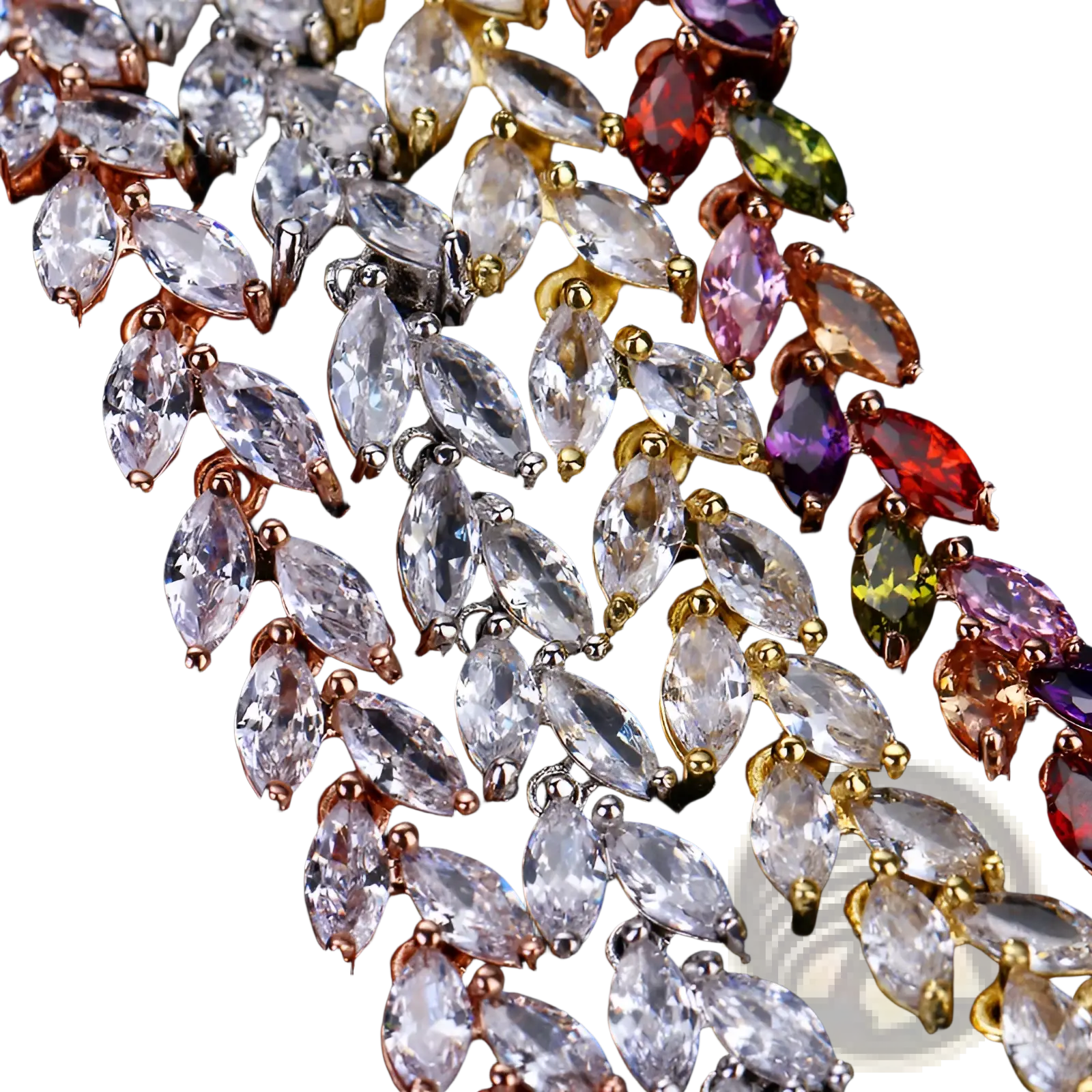 Marquise zircon leaf tennis bracelet in polished silver with colorful faceted gemstone beads and gold-toned leaf accents