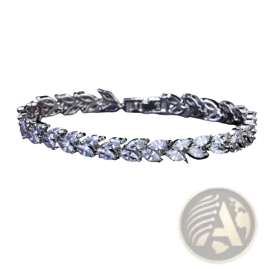 Silver-toned marquise zircon leaf tennis bracelet featuring clear crystals in a polished silver intricate design
