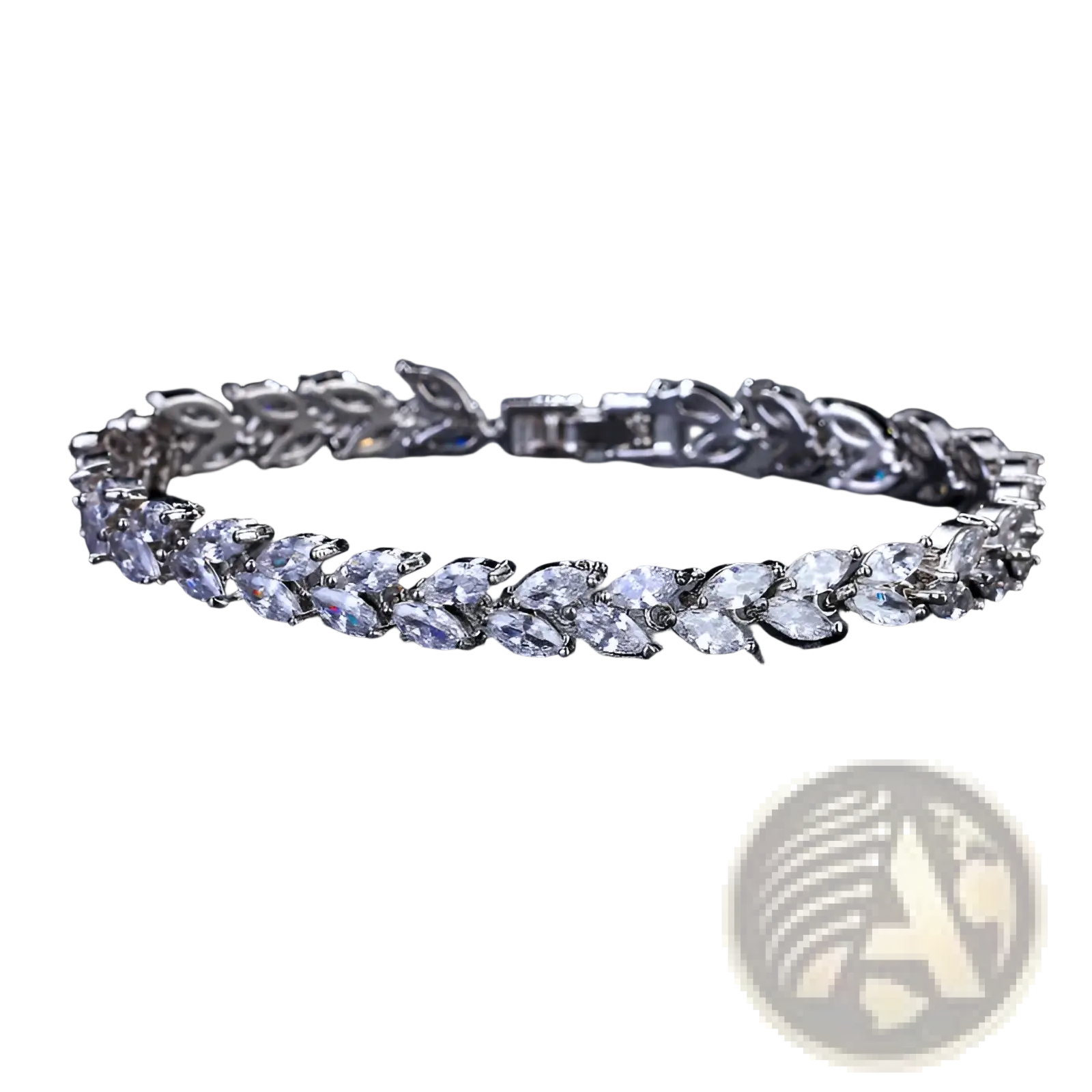 Silver-toned marquise zircon leaf tennis bracelet featuring clear crystals in a polished silver intricate design