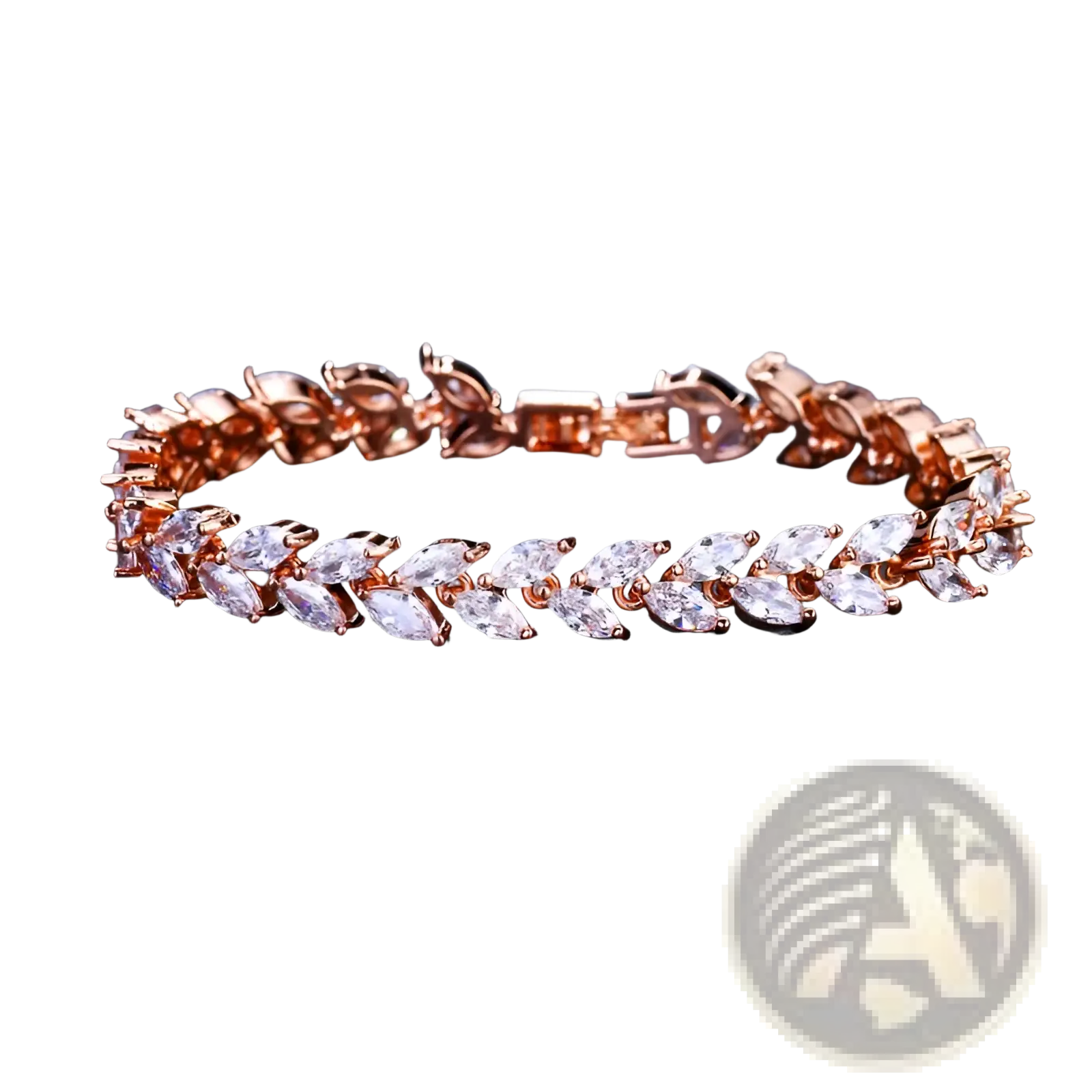 Marquise zircon leaf tennis bracelet in polished silver with clear marquise-cut crystals in a rose gold setting